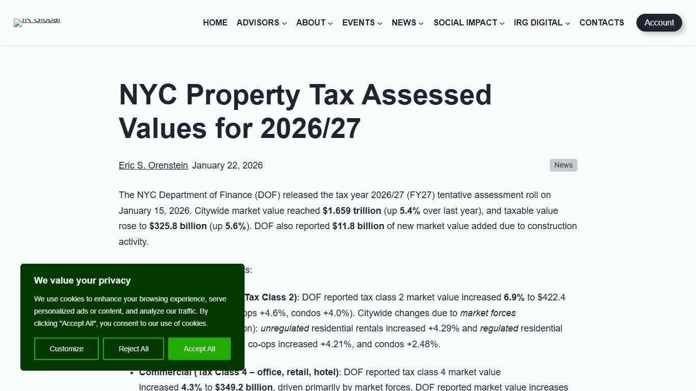 NYC Property Tax Assessed Values for 2026/27 - IR Global